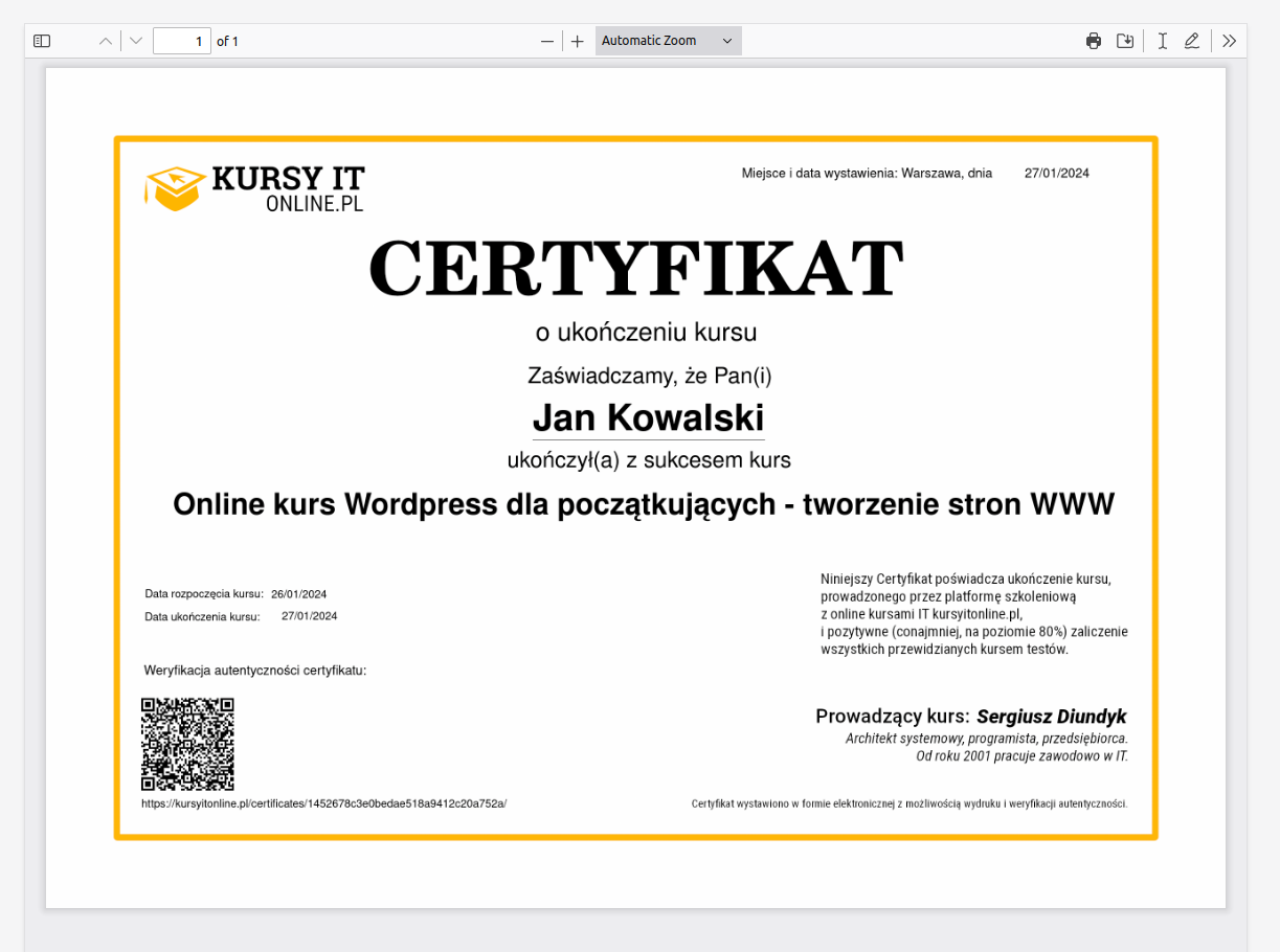 Certyfikat o ukończeniu kursu