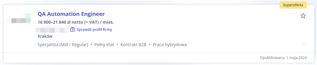 QA Automation Engineer (ogłoszenie o prace, wynagrodzenie 16800 - 21840 zł netto (+VAT) / mies. źródło: Pracuj.pl)
