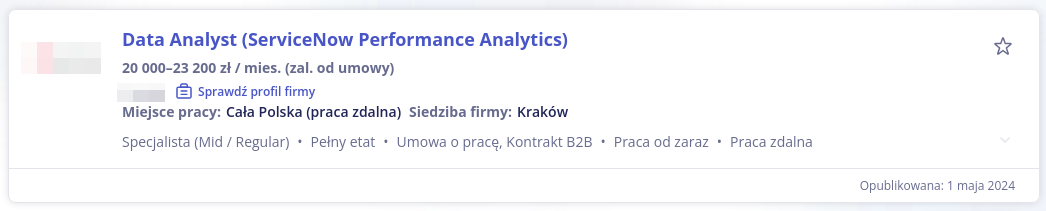 Data Analyst (ogłoszenie o prace, wynagrodzenie 20000 - 23200 zł / mies. źródło: Pracuj.pl)